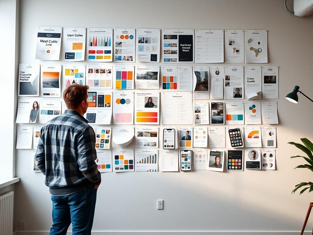 Studio wall covered with interface style guide printouts