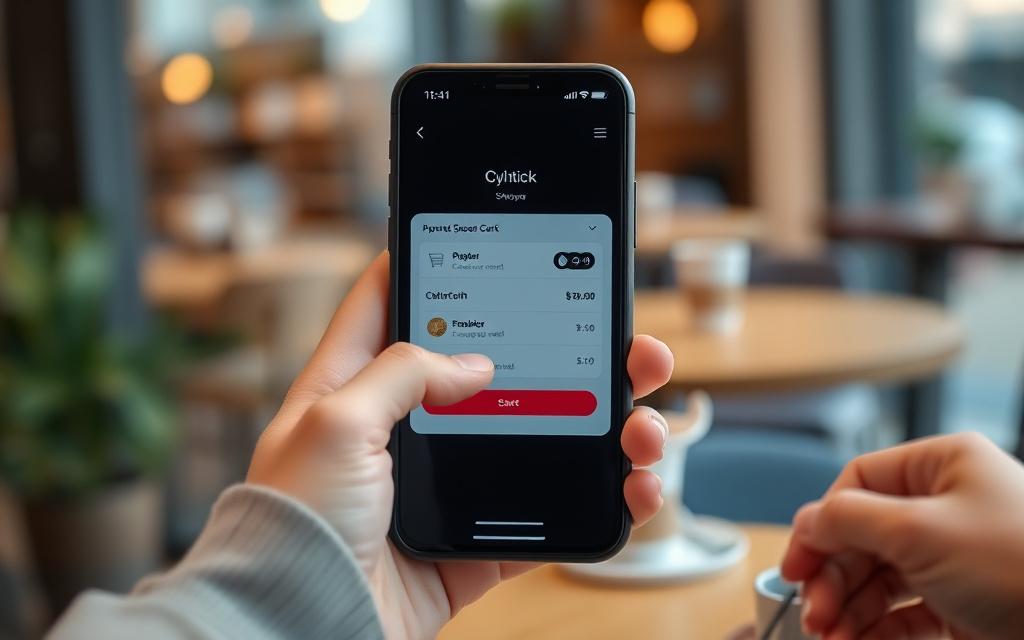 Shopper holding a credit card at a phone checkout screen