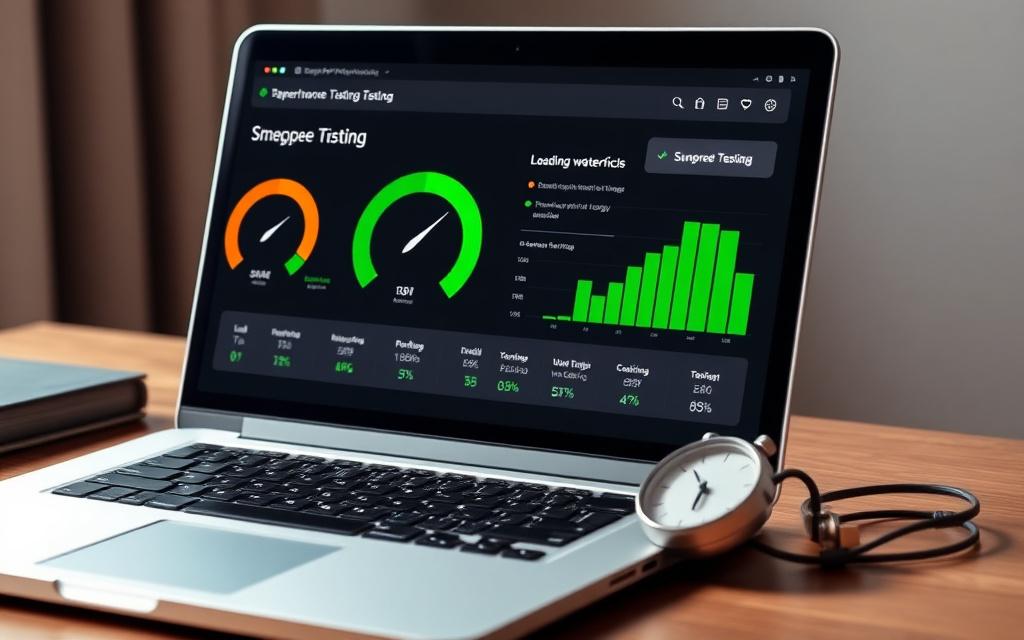 Laptop showing website speed test scores and a loading waterfall
