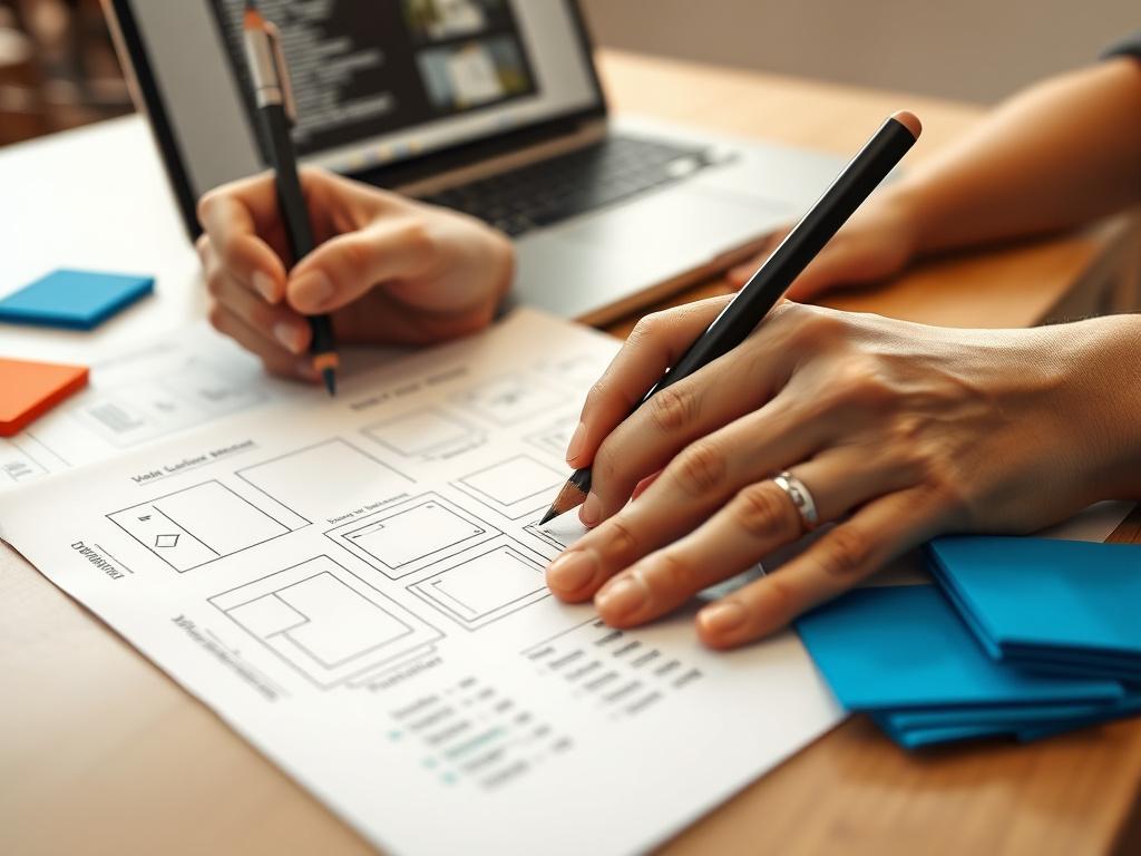 Designer sketching website wireframes on paper